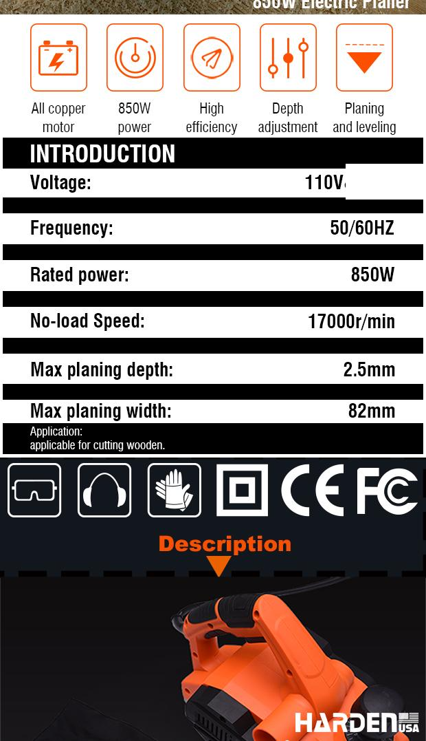 Plaina Elétrica 850W HARDEN – Largura de Corte 82mm e Velocidade de 17.000RPM