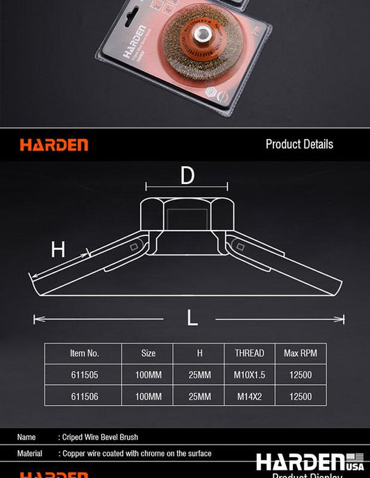 Escova Cônica Crimpada HARDEN para Remoção de Ferrugem, Tinta e Preparação de Superfícies