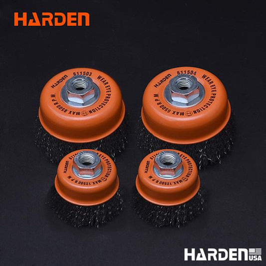 Escova Tipo Copo com Rosca HARDEN – Fios de Aço 75mm, 100mm e 125mm (M10 e M14)
