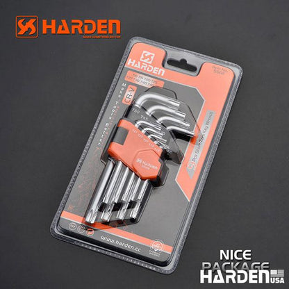 Jogo de Chaves Torx HARDEN 9 Peças – Médio, Longo e Extra Longo em Aço S2