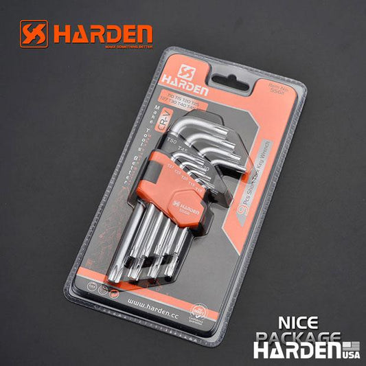 Jogo de Chaves Torx HARDEN 9 Peças – Médio, Longo e Extra Longo em Aço S2