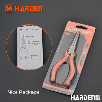 Alicate de Bico Longo Alongado Mini 114 mm (4,5”) em Aço Carbono HARDEN com Cabo Ergonômico