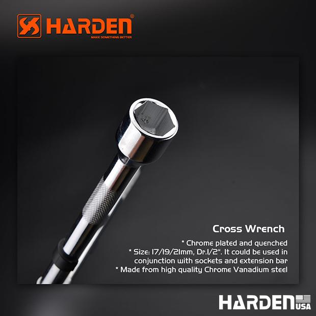 Chave de Roda Cruzada HARDEN em Aço Carbono Cromado – Modelos 14” e 18” com Encaixes 17/19/21 mm
