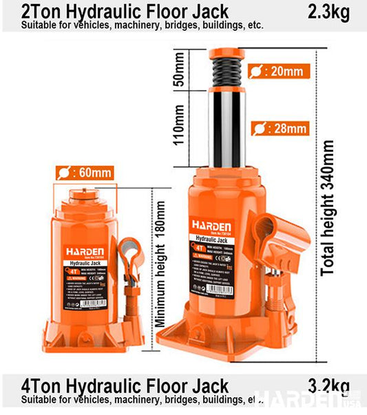 Macaco Hidráulico Tipo Garrafa – Capacidades de 2T a 50T com Base em Ferro Fundido e Corpo em Aço Reforçado