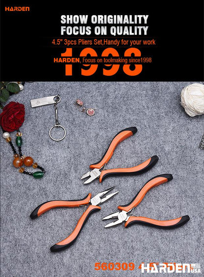 Kit de Mini Alicates 114 mm (4,5”) 3 Peças em Aço Carbono HARDEN com Cabo Ergonômico