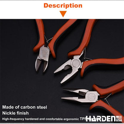 Kit de Mini Alicates 114 mm (4,5”) 3 Peças em Aço Carbono HARDEN com Cabo Ergonômico