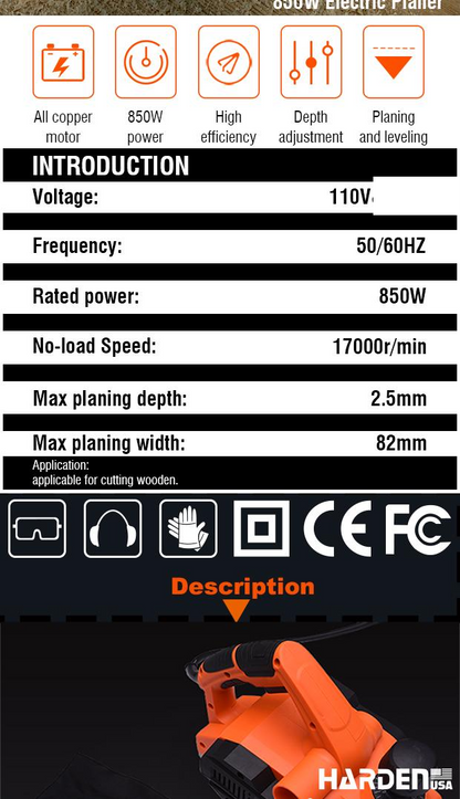Plaina Elétrica 850W HARDEN – Largura de Corte 82mm e Velocidade de 17.000RPM