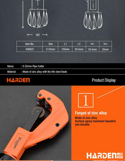 Cortador de Tubos 3–32 mm Harden – Corpo em Liga de Alumínio e Lâmina HSS
