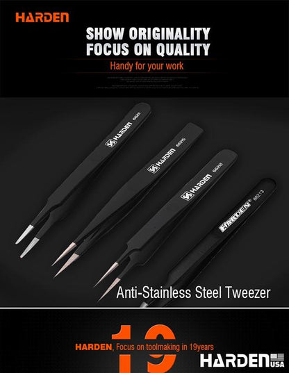 Pinça Antiestática HARDEN em Aço Inoxidável para Eletrônica e Manutenção de Precisão