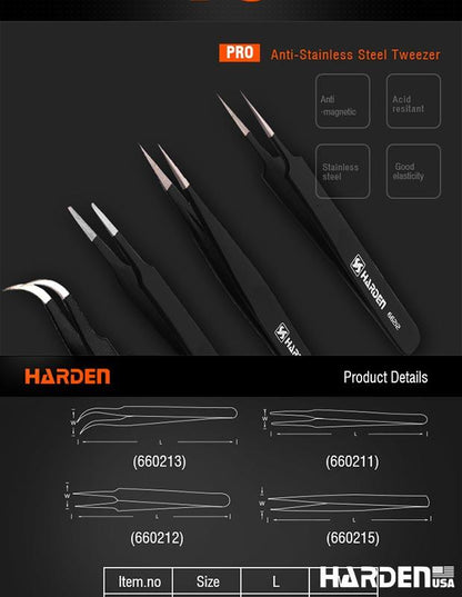 Pinça Antiestática HARDEN em Aço Inoxidável para Eletrônica e Manutenção de Precisão