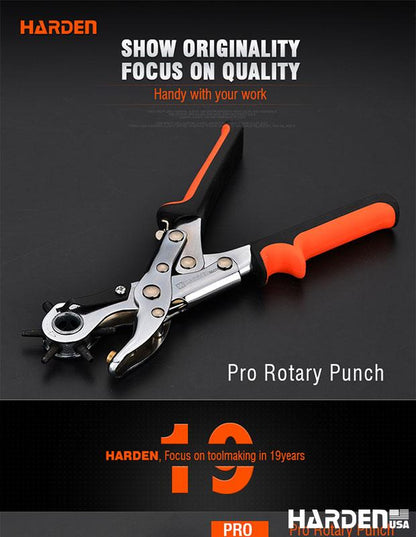 Alicate Perfurador Rotativo Profissional 250 mm HARDEN – Cabeçote em Aço Carbono 45#, 6 Tamanhos de Furo, Multiuso para Couro, Lona e Tecido