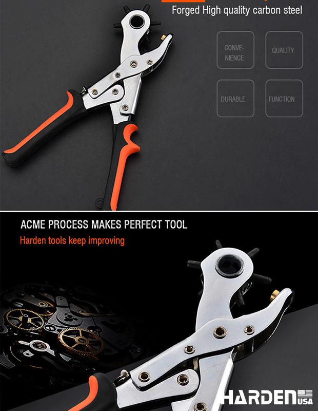 Alicate Perfurador Rotativo Profissional 250 mm HARDEN – Cabeçote em Aço Carbono 45#, 6 Tamanhos de Furo, Multiuso para Couro, Lona e Tecido