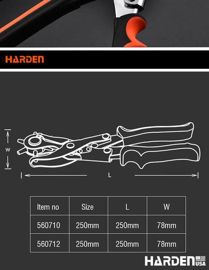 Alicate Perfurador Rotativo Profissional 250 mm HARDEN – Cabeçote em Aço Carbono 45#, 6 Tamanhos de Furo, Multiuso para Couro, Lona e Tecido