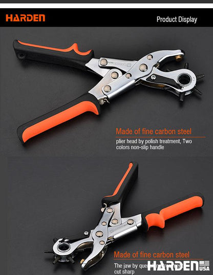 Alicate Perfurador Rotativo Profissional 250 mm HARDEN – Cabeçote em Aço Carbono 45#, 6 Tamanhos de Furo, Multiuso para Couro, Lona e Tecido