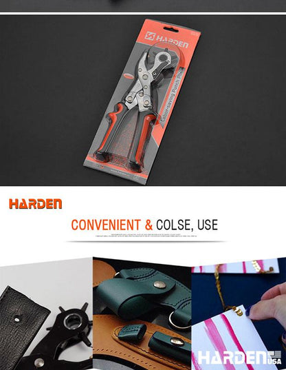 Alicate Perfurador Rotativo Profissional 250 mm HARDEN – Cabeçote em Aço Carbono 45#, 6 Tamanhos de Furo, Multiuso para Couro, Lona e Tecido