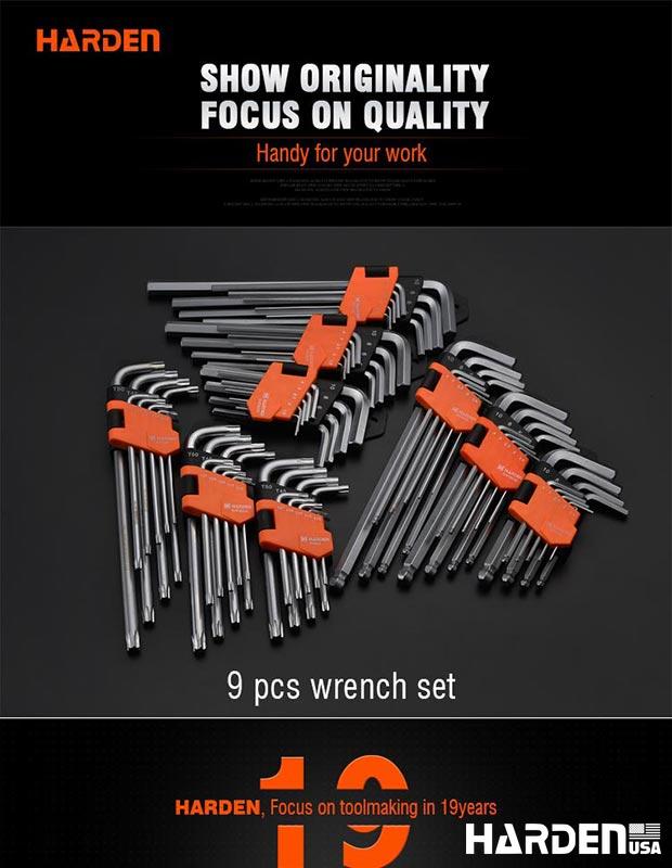 Jogo de Chaves Allen Ponta Abaulada HARDEN 9 Peças – Médio, Longo e Extra Longo em Aço S2