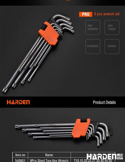 Jogo de Chaves Torx HARDEN 9 Peças – Médio, Longo e Extra Longo em Aço S2