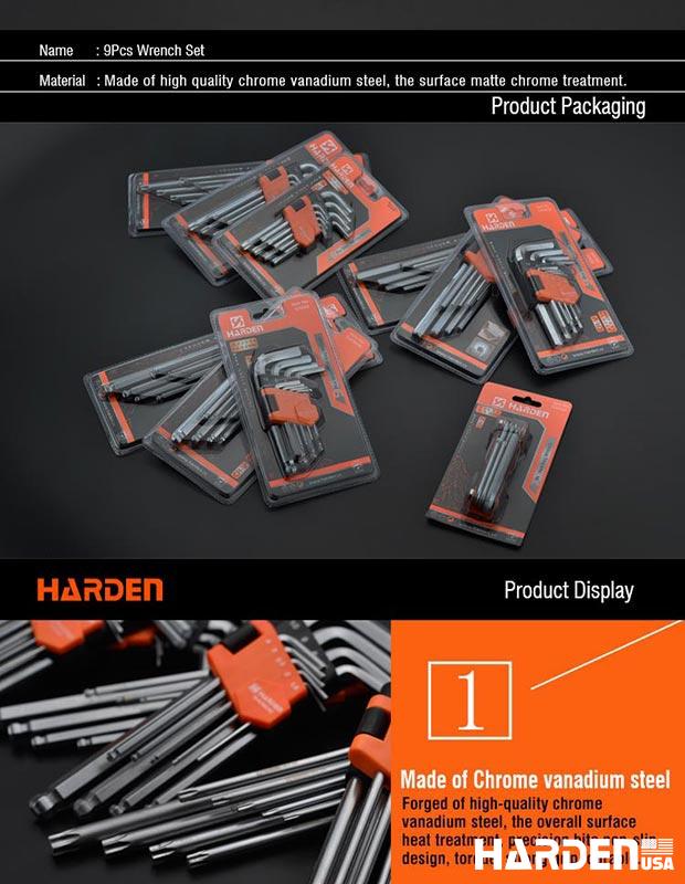 Jogo de Chaves Torx HARDEN 9 Peças – Médio, Longo e Extra Longo em Aço S2