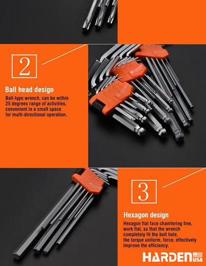 Jogo de Chaves Torx HARDEN 9 Peças – Médio, Longo e Extra Longo em Aço S2