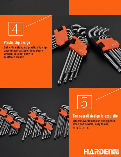 Jogo de Chaves Torx HARDEN 9 Peças – Médio, Longo e Extra Longo em Aço S2