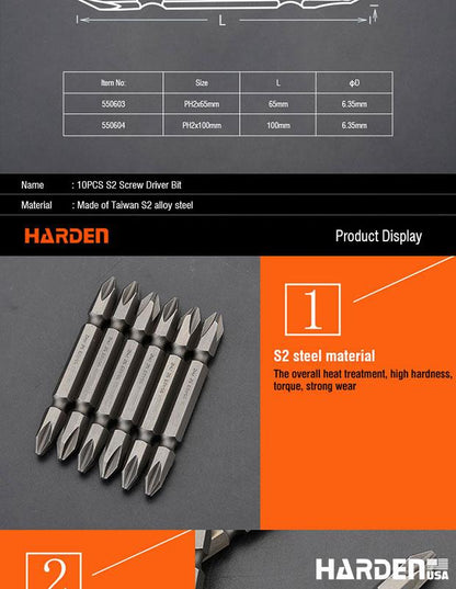 Kit com 10 Pontas PH2 (6 mm - 1/4") Harden em Aço S2 – 65 mm e 100 mm