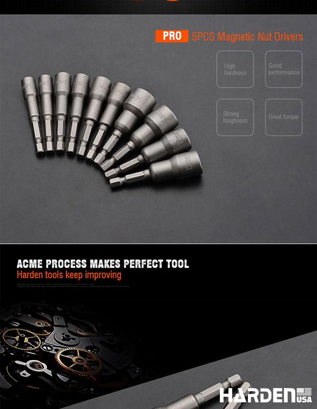 Jogo HARDEN com 5 Soquetes Magnéticos – Aço CR-V (Cromo-Vanádio) – Alta Resistência e Precisão