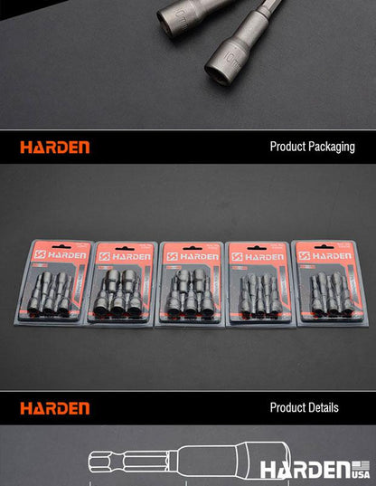 Jogo HARDEN com 5 Soquetes Magnéticos – Aço CR-V (Cromo-Vanádio) – Alta Resistência e Precisão