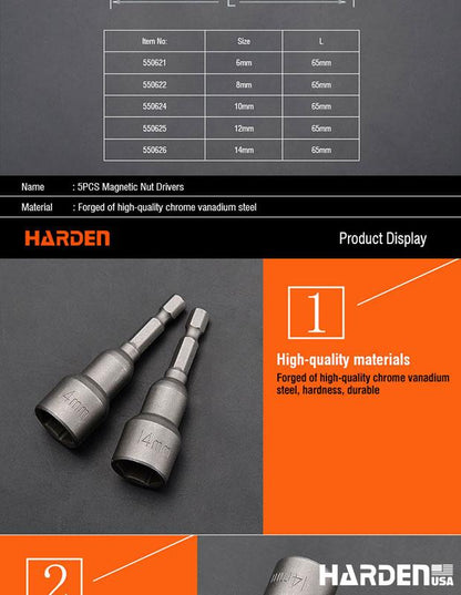 Jogo HARDEN com 5 Soquetes Magnéticos – Aço CR-V (Cromo-Vanádio) – Alta Resistência e Precisão