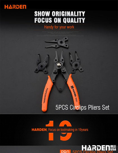 HARDEN Jogo de Alicates para Anéis Trava – Kit 5 Peças com Pontas Retas e Curvas