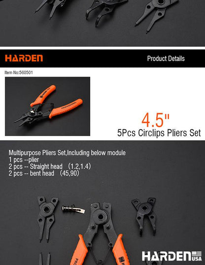 HARDEN Jogo de Alicates para Anéis Trava – Kit 5 Peças com Pontas Retas e Curvas