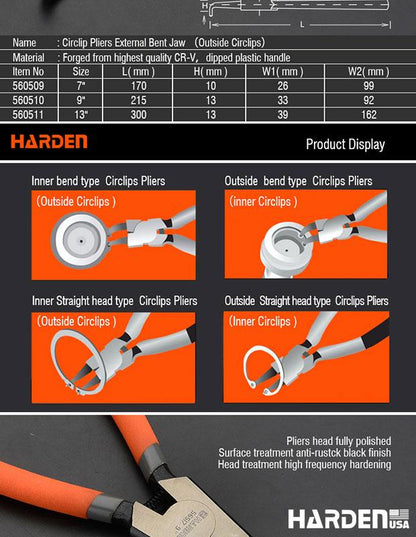 Alicate de Anel Externo Curvo HARDEN – Aço Carbono Temperado e Acabamento Anticorrosão
