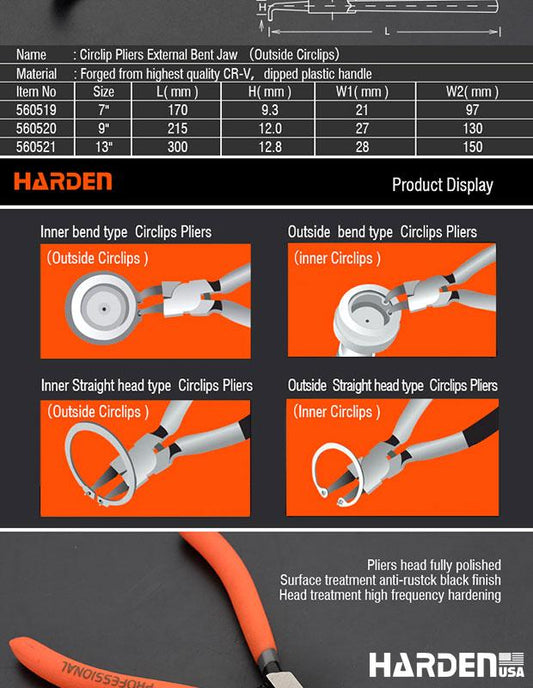 Alicate de Anel Interno Curvo HARDEN – Aço Carbono Temperado para Manutenção Profissional