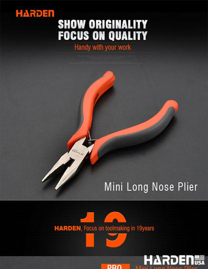 Alicate de Bico Longo Mini 114 mm (4,5”) em Aço Carbono HARDEN com Cabo Ergonômico