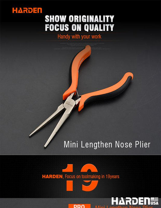 Alicate de Bico Longo Alongado Mini 114 mm (4,5”) em Aço Carbono HARDEN com Cabo Ergonômico