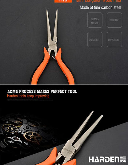 Alicate de Bico Longo Alongado Mini 114 mm (4,5”) em Aço Carbono HARDEN com Cabo Ergonômico