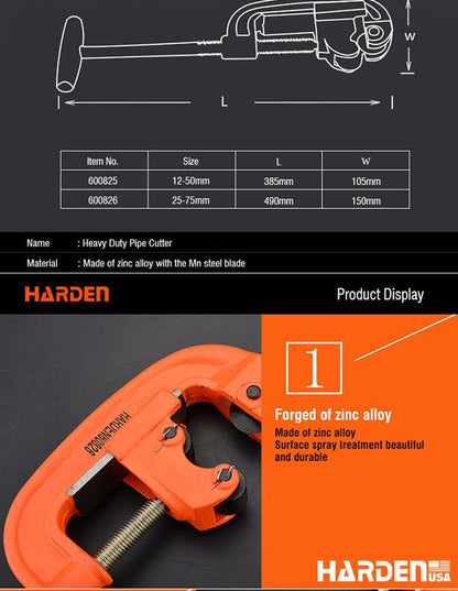 Cortador de Tubo Reforçado HARDEN 12–75mm (1/2"–3") com Lâmina em Aço 65Mn