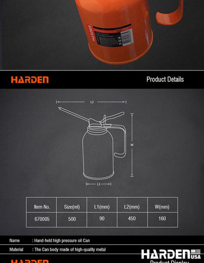 HARDEN Lubrificador Metálico 500 ml com Bico Flexível e Bomba de Latão