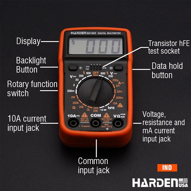 Multímetro Digital Harden Profissional CAT II 600V com Display LCD e Funções Avançadas