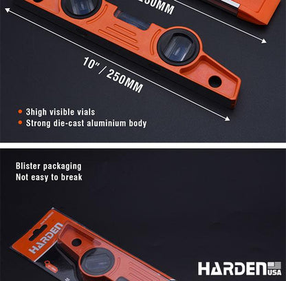 Nível Torpedo Magnético 250 mm (10") em Alumínio Fundido HARDEN com 3 Bolhas