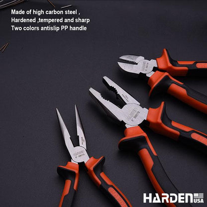 Jogo de Alicates HARDEN 3 Peças em Aço Carbono – Bico Longo 160 mm (6”), Corte Diagonal 160 mm (6”) e Universal 200 mm (8”)