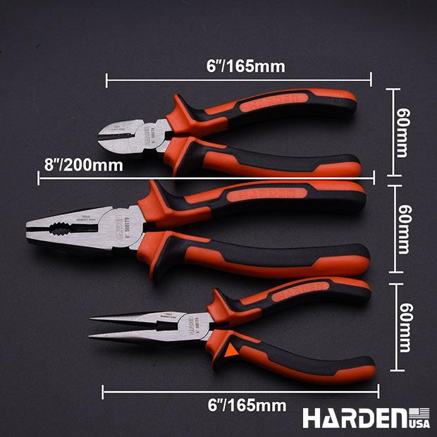Jogo de Alicates HARDEN 3 Peças em Aço Carbono – Bico Longo 160 mm (6”), Corte Diagonal 160 mm (6”) e Universal 200 mm (8”)