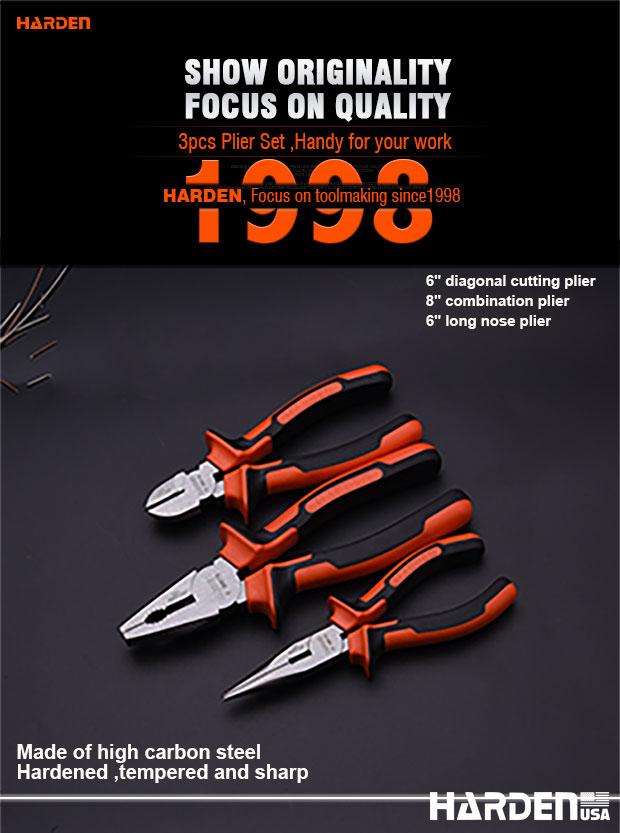 Jogo de Alicates HARDEN 3 Peças em Aço Carbono – Bico Longo 160 mm (6”), Corte Diagonal 160 mm (6”) e Universal 200 mm (8”)