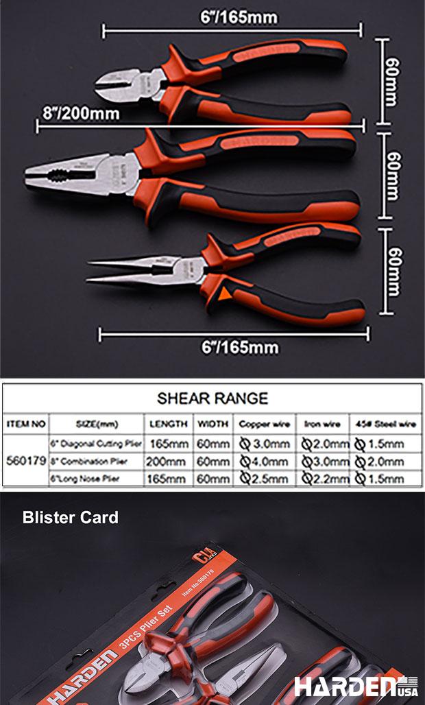 Jogo de Alicates HARDEN 3 Peças em Aço Carbono – Bico Longo 160 mm (6”), Corte Diagonal 160 mm (6”) e Universal 200 mm (8”)