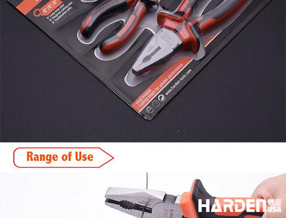 Jogo de Alicates HARDEN 3 Peças em Aço Carbono – Bico Longo 160 mm (6”), Corte Diagonal 160 mm (6”) e Universal 200 mm (8”)