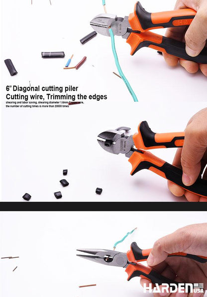 Jogo de Alicates HARDEN 3 Peças em Aço Carbono – Bico Longo 160 mm (6”), Corte Diagonal 160 mm (6”) e Universal 200 mm (8”)