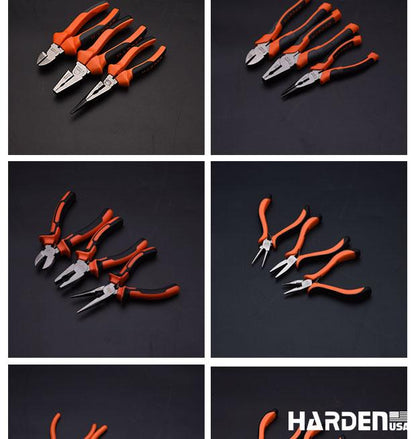 Jogo de Alicates HARDEN 3 Peças em Aço Carbono – Bico Longo 160 mm (6”), Corte Diagonal 160 mm (6”) e Universal 200 mm (8”)