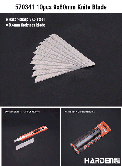 Lâminas de Estilete 9×80 mm HARDEN – Kit com 10 Unidades em Aço SK5