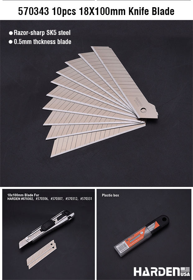 Lâminas de Estilete 9×80 mm HARDEN – Kit com 10 Unidades em Aço SK5