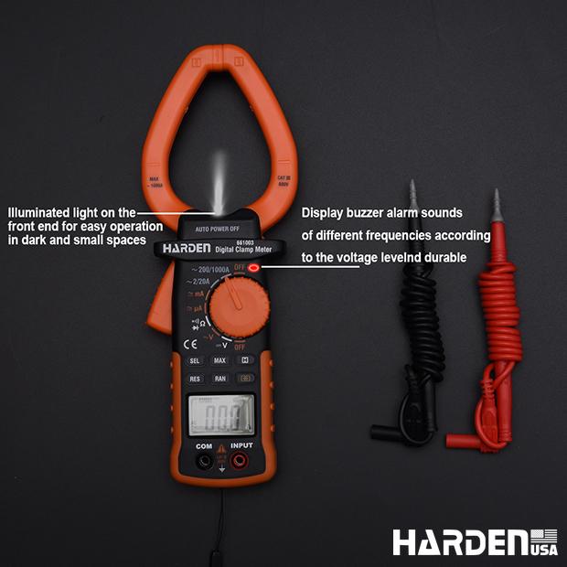 Multímetro Digital de Garra Harden com Display LCD Retroiluminado e Funções de Tensão, Corrente e Resistência