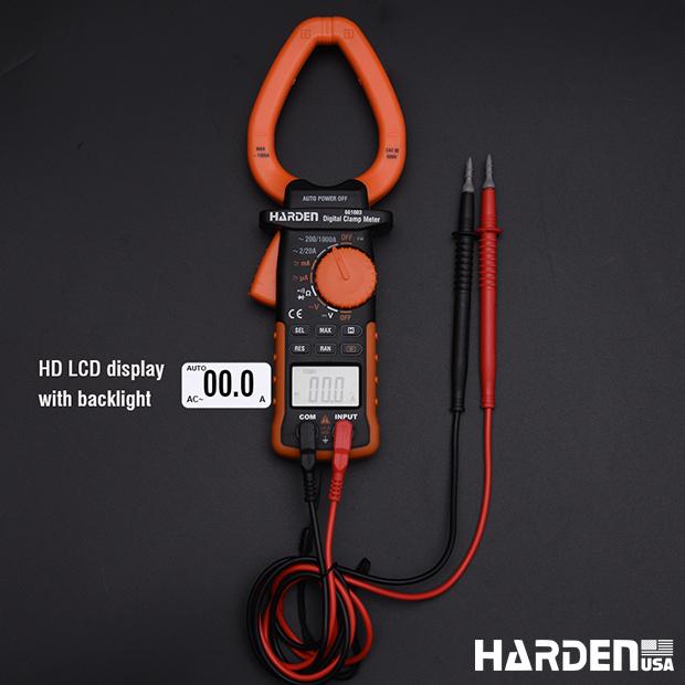 Multímetro Digital de Garra Harden com Display LCD Retroiluminado e Funções de Tensão, Corrente e Resistência